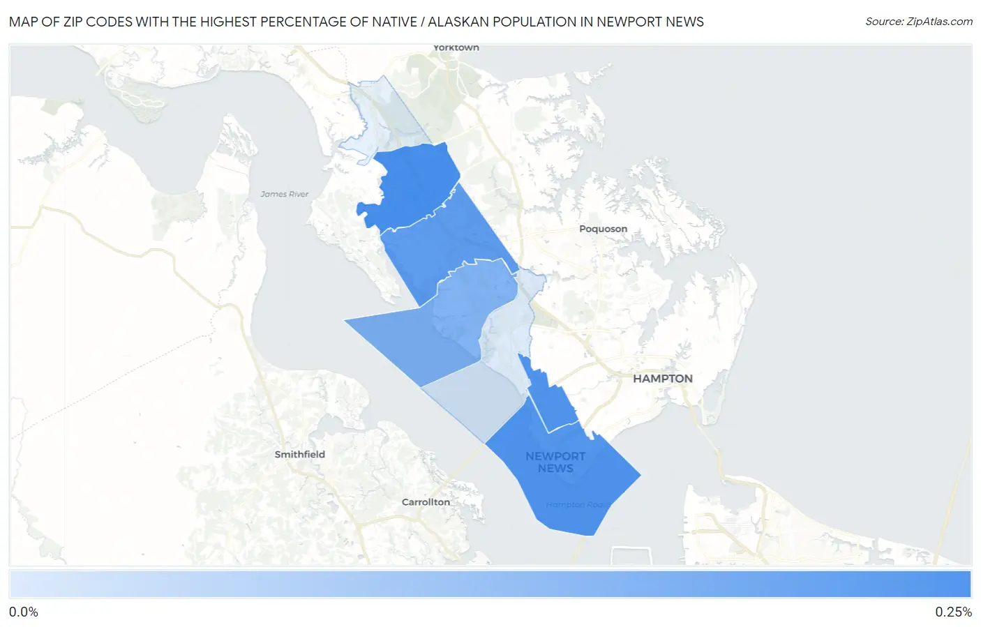 Zip Codes with the Highest Percentage of Native / Alaskan Population in Newport News Map