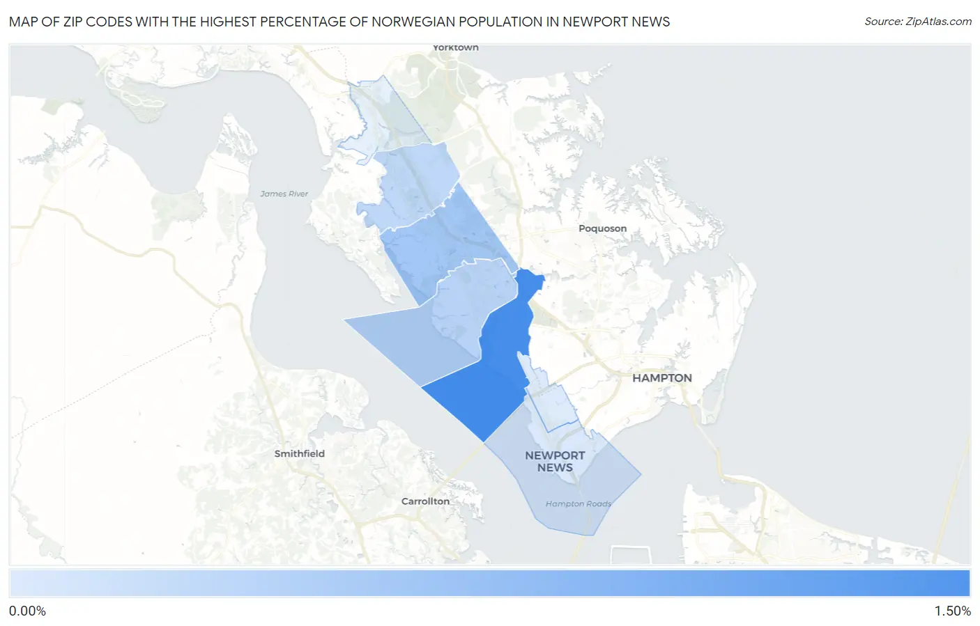 Zip Codes with the Highest Percentage of Norwegian Population in Newport News Map