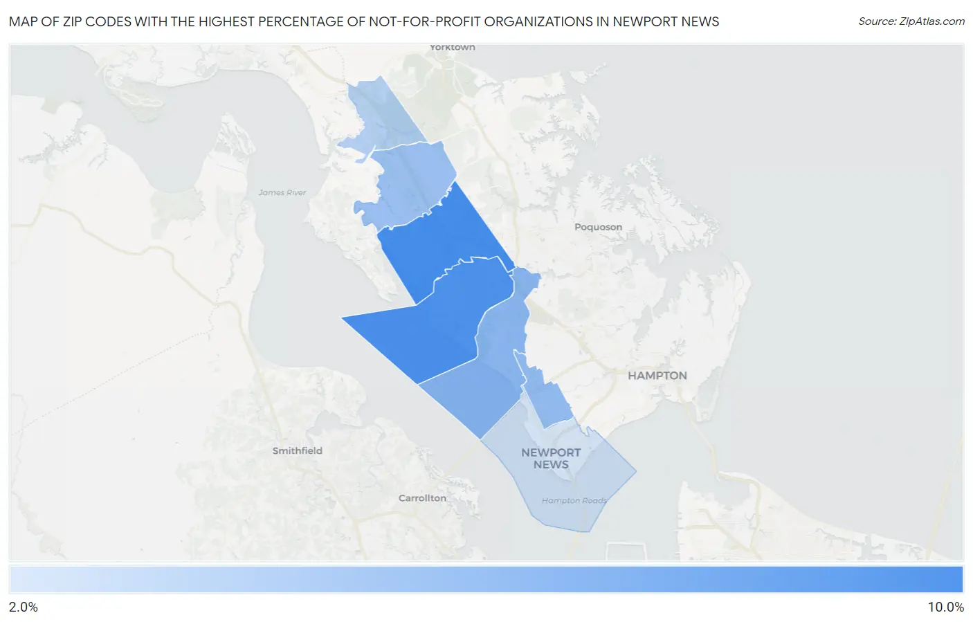 Zip Codes with the Highest Percentage of Not-for-profit Organizations in Newport News Map