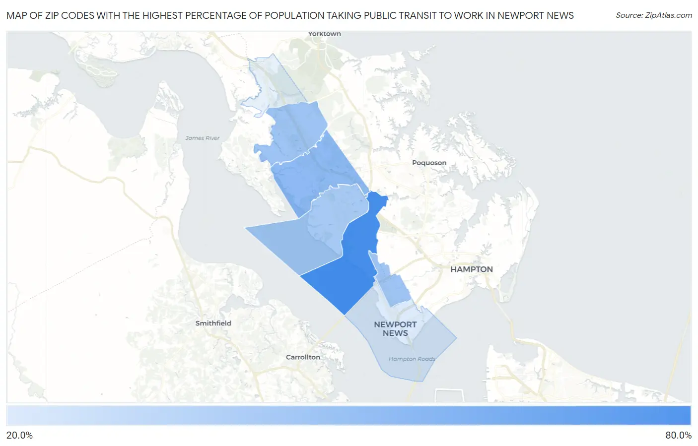 Zip Codes with the Highest Percentage of Population Taking Public Transit to Work in Newport News Map