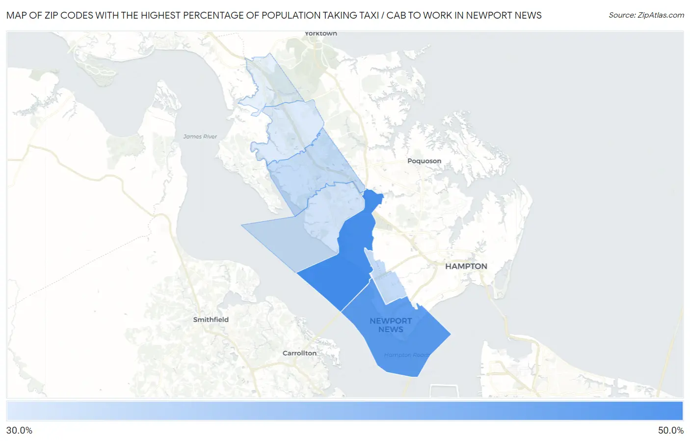 Zip Codes with the Highest Percentage of Population Taking Taxi / Cab to Work in Newport News Map