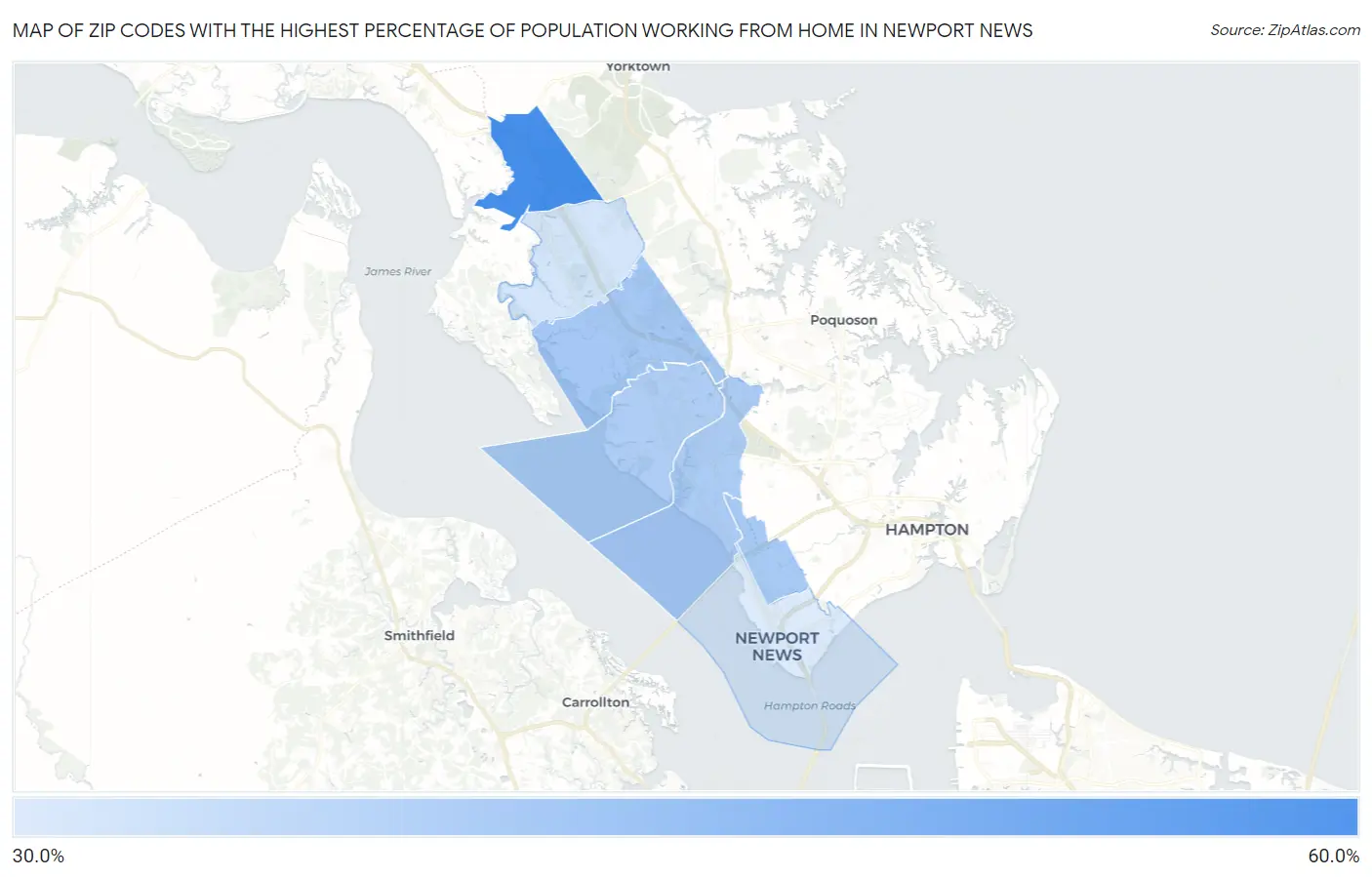 Zip Codes with the Highest Percentage of Population Working from Home in Newport News Map