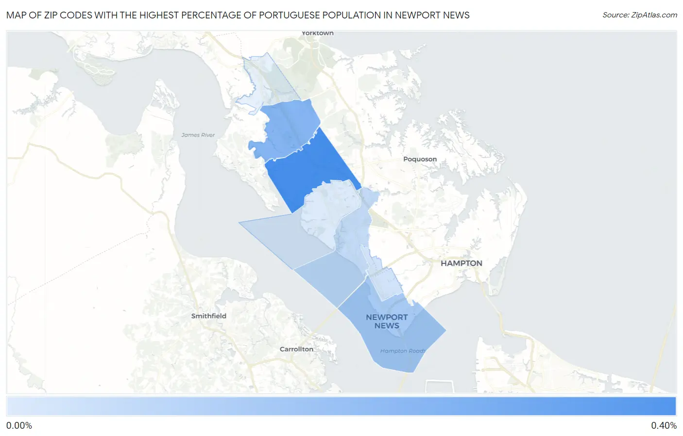 Zip Codes with the Highest Percentage of Portuguese Population in Newport News Map