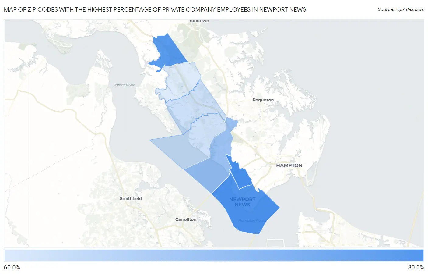 Zip Codes with the Highest Percentage of Private Company Employees in Newport News Map