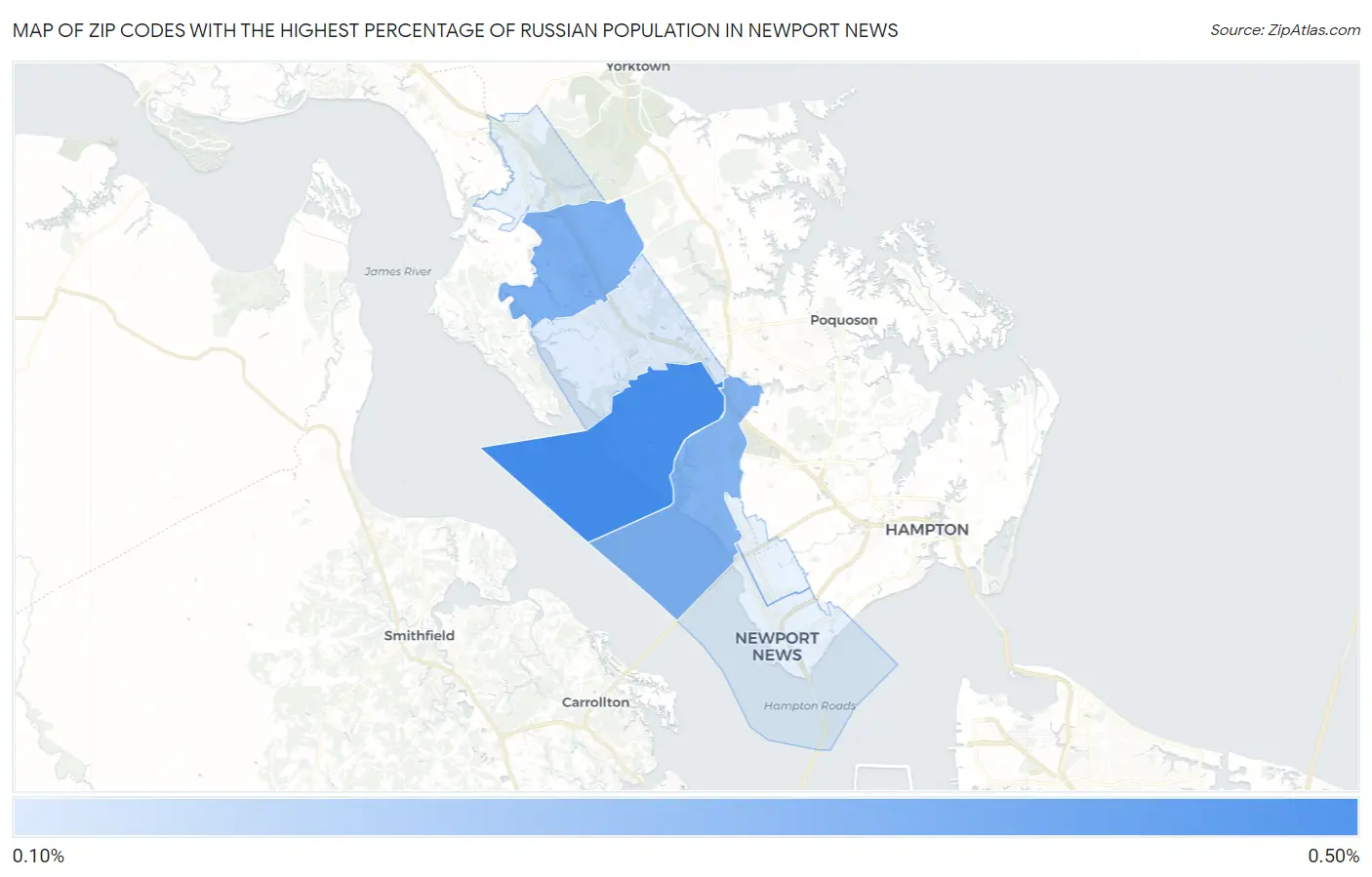 Zip Codes with the Highest Percentage of Russian Population in Newport News Map