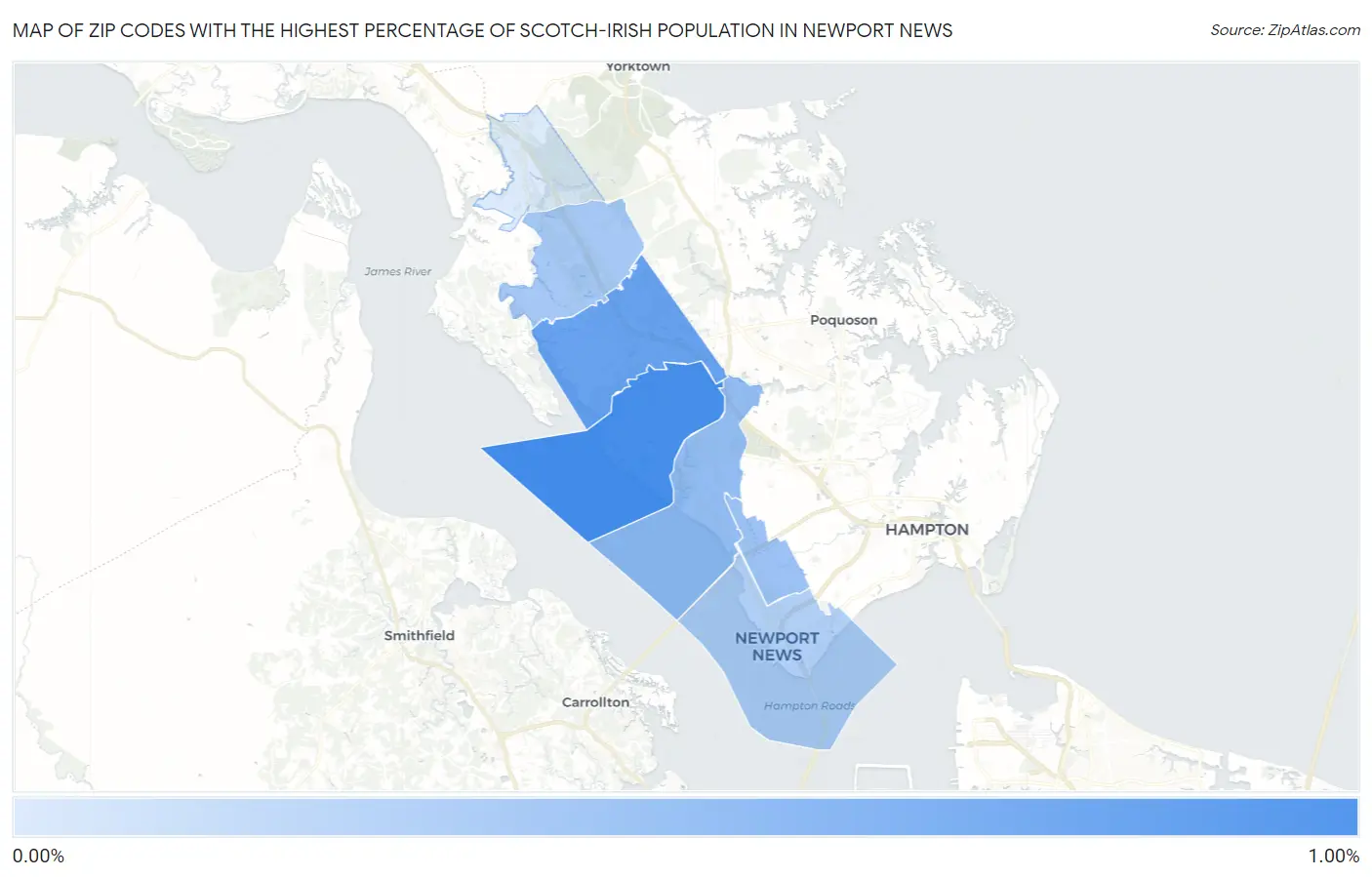 Zip Codes with the Highest Percentage of Scotch-Irish Population in Newport News Map