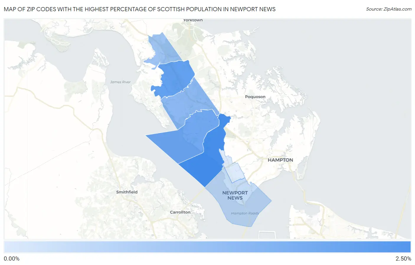 Zip Codes with the Highest Percentage of Scottish Population in Newport News Map