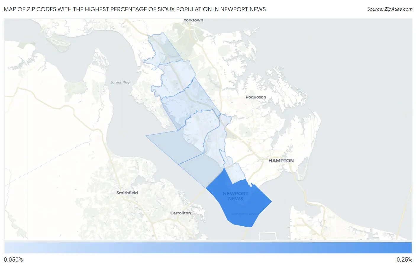 Zip Codes with the Highest Percentage of Sioux Population in Newport News Map