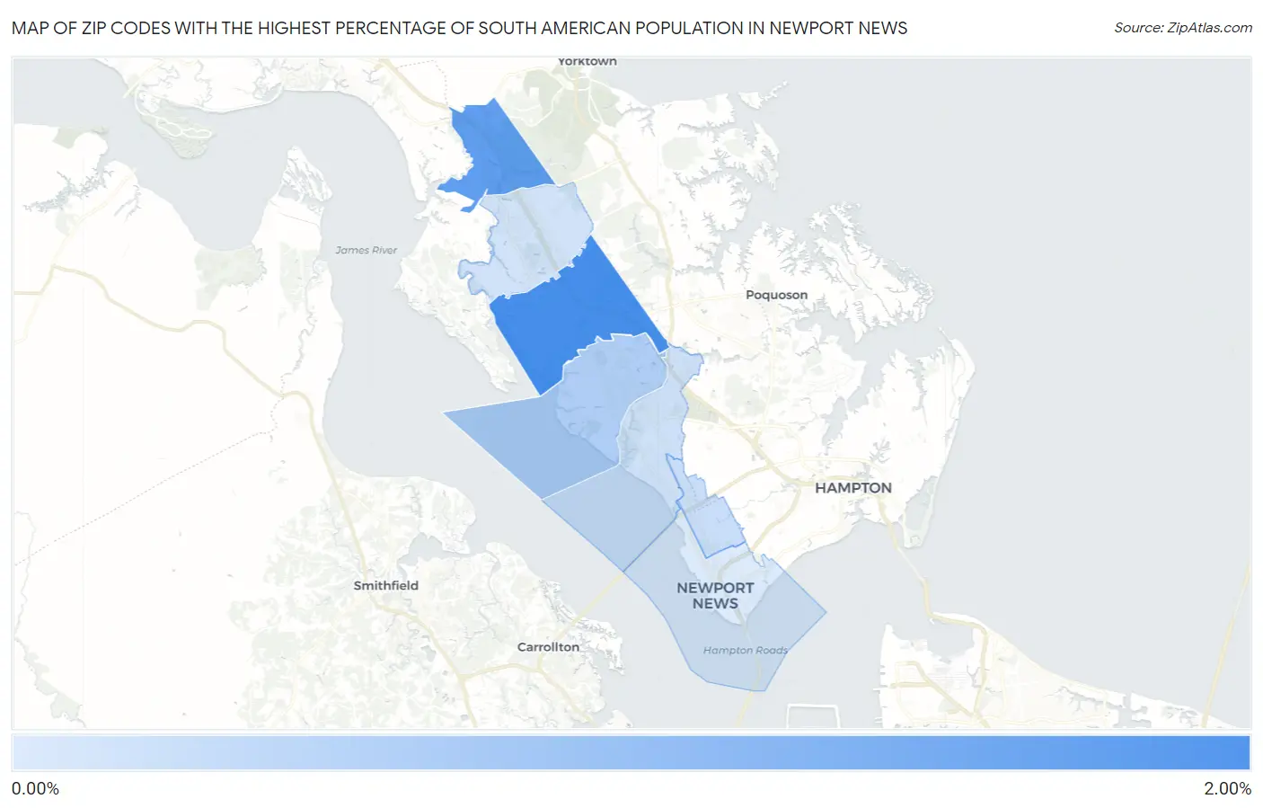 Zip Codes with the Highest Percentage of South American Population in Newport News Map