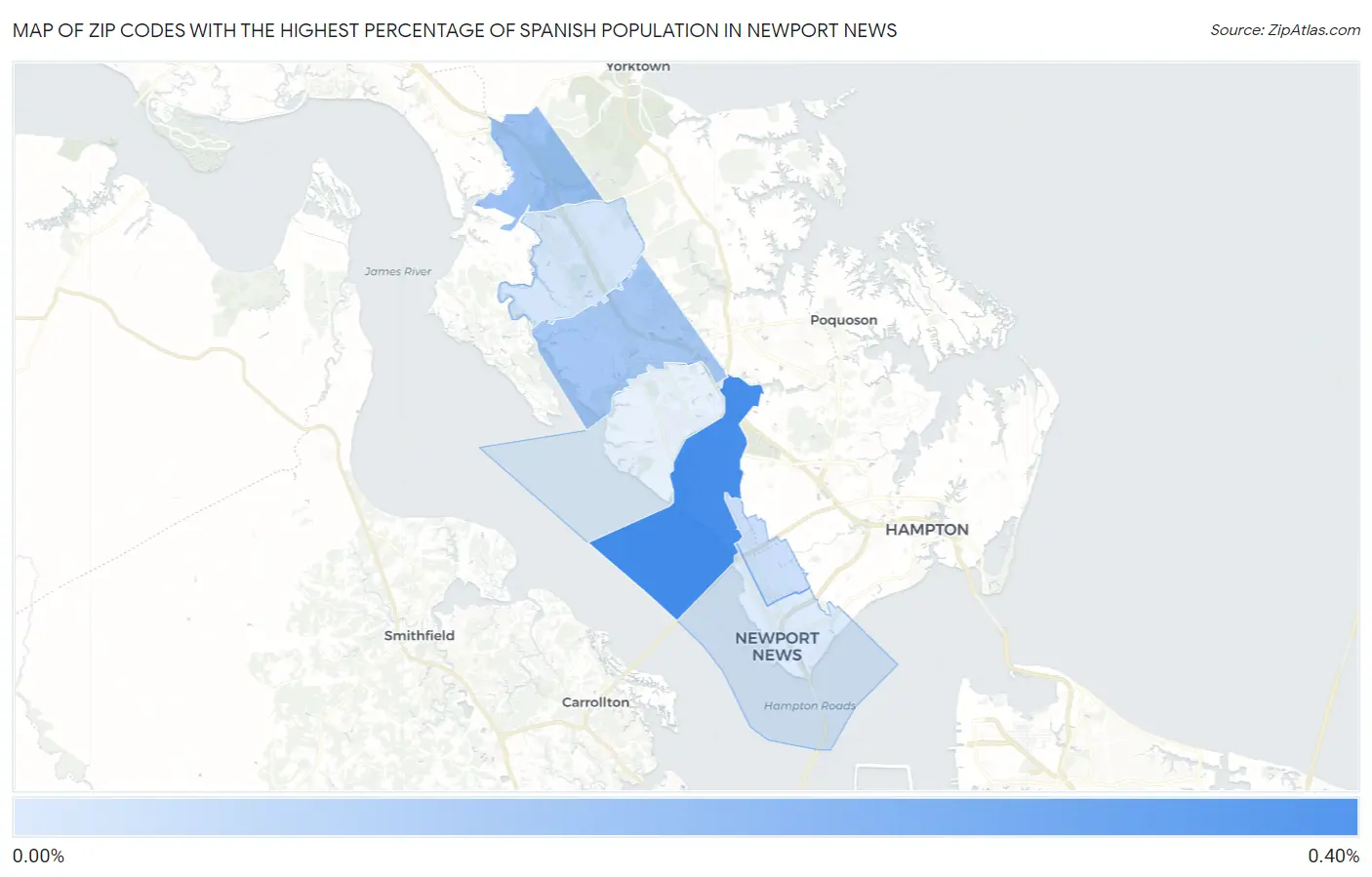 Zip Codes with the Highest Percentage of Spanish Population in Newport News Map