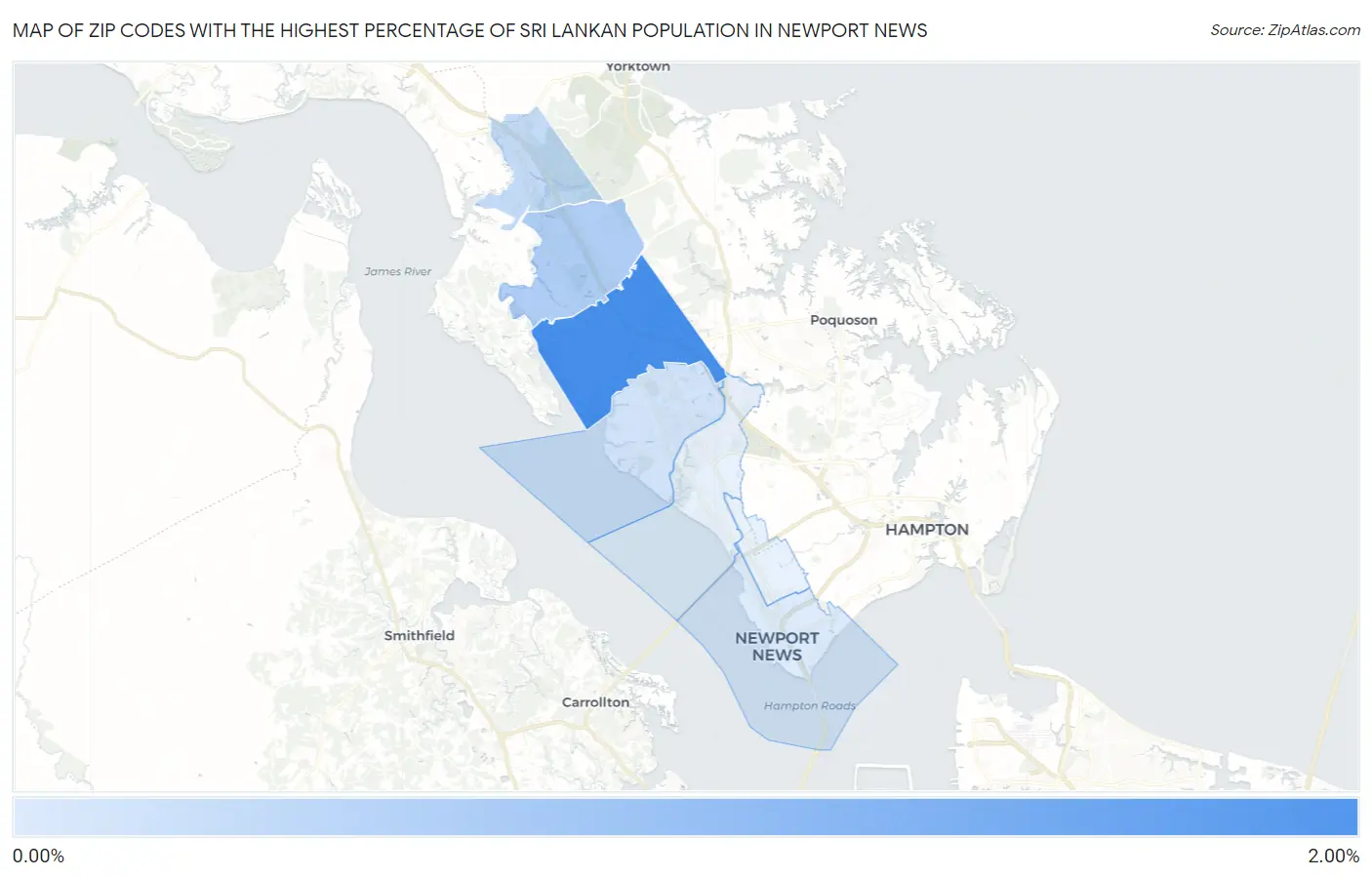 Zip Codes with the Highest Percentage of Sri Lankan Population in Newport News Map