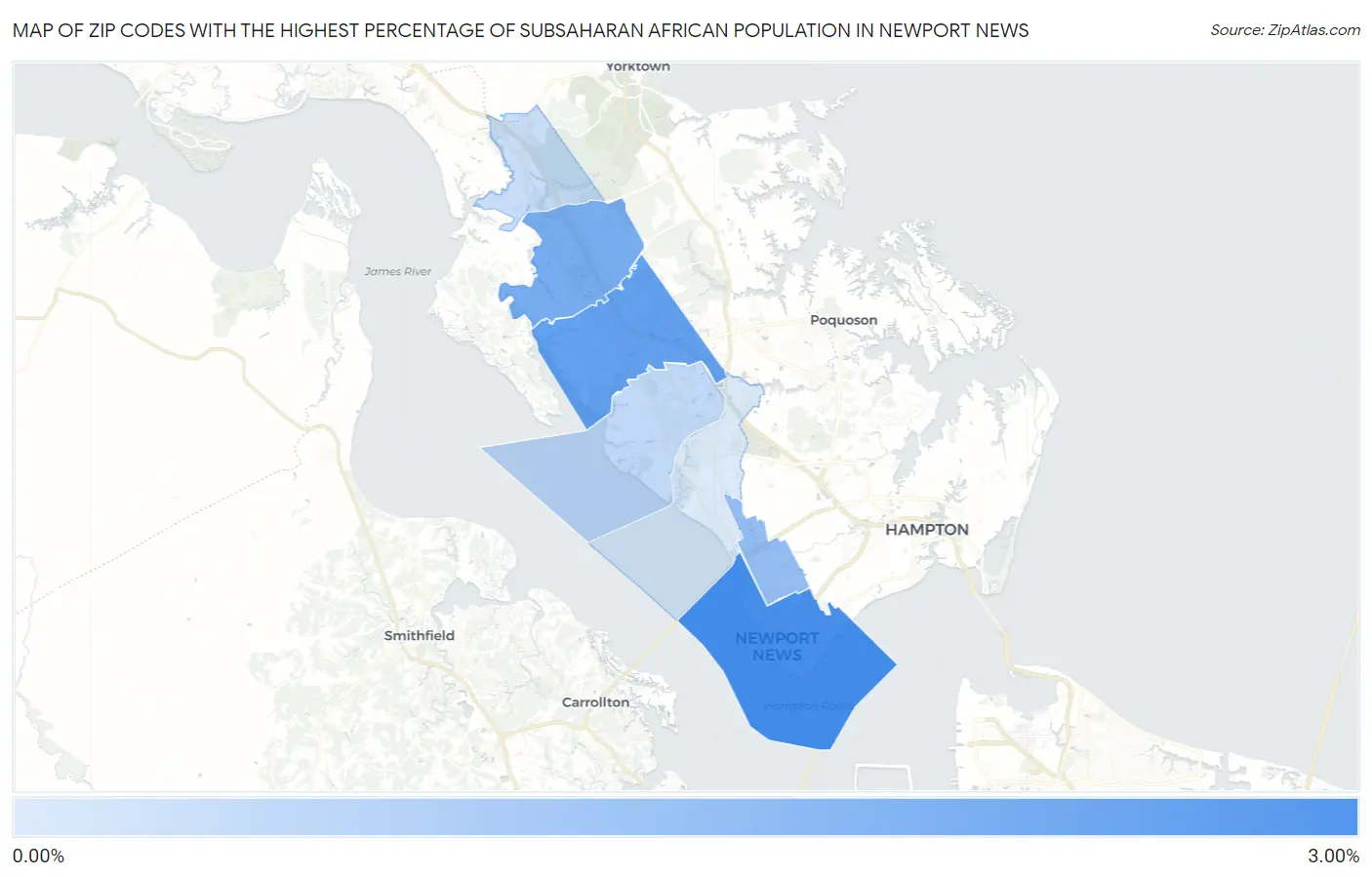 Zip Codes with the Highest Percentage of Subsaharan African Population in Newport News Map