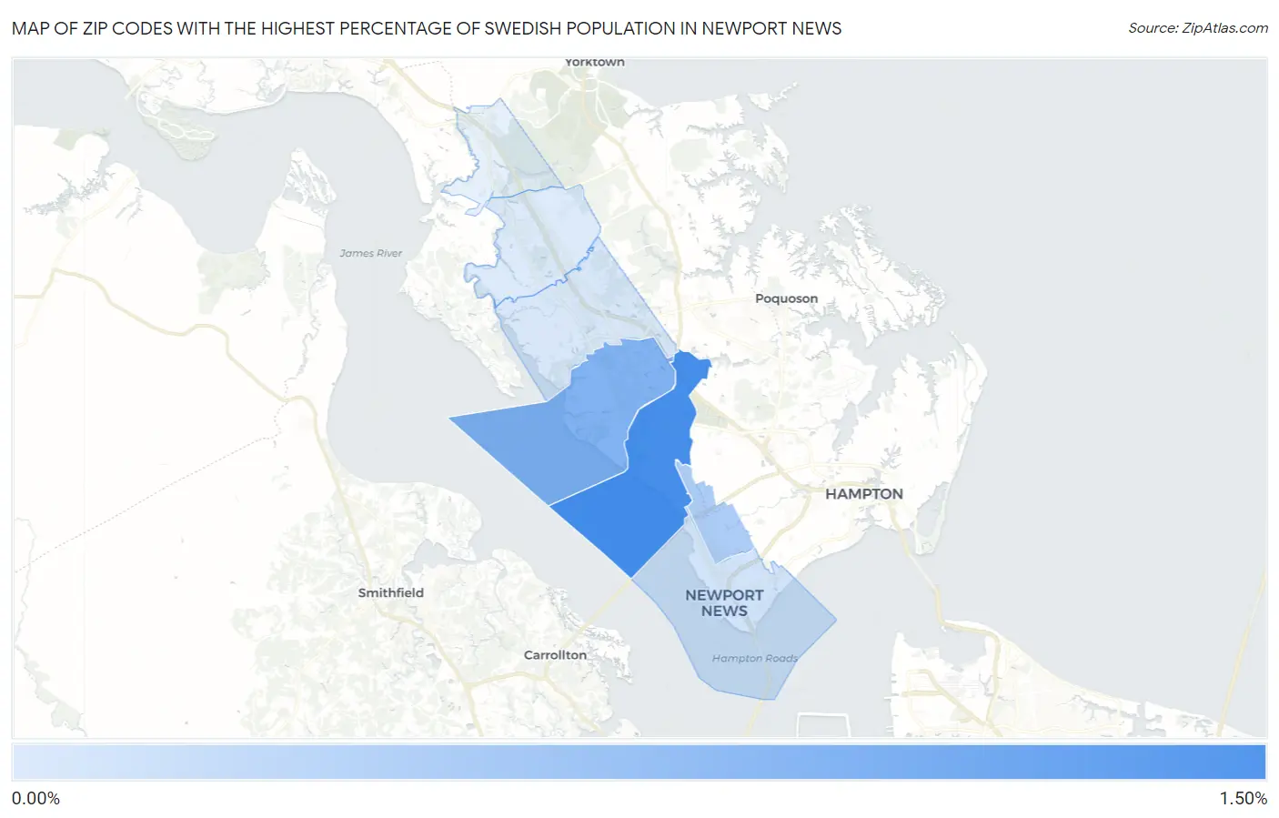 Zip Codes with the Highest Percentage of Swedish Population in Newport News Map