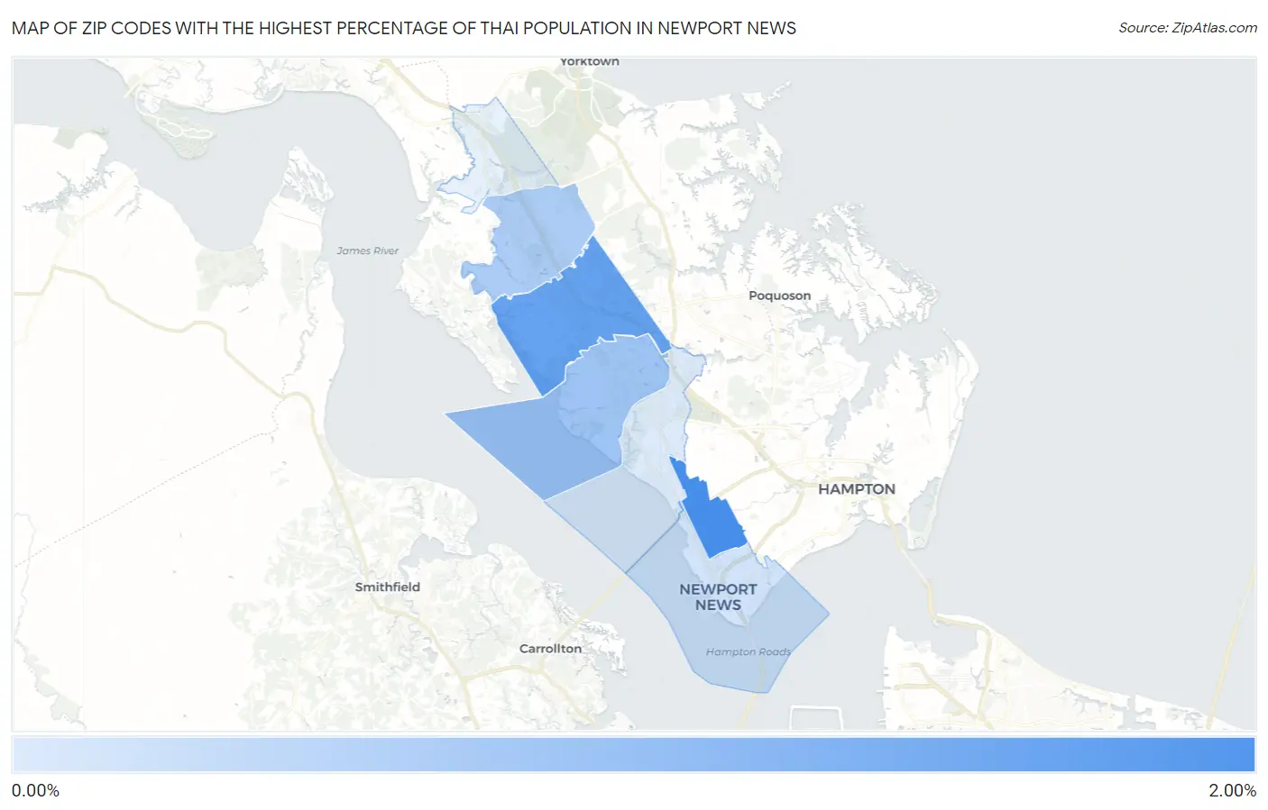 Zip Codes with the Highest Percentage of Thai Population in Newport News Map