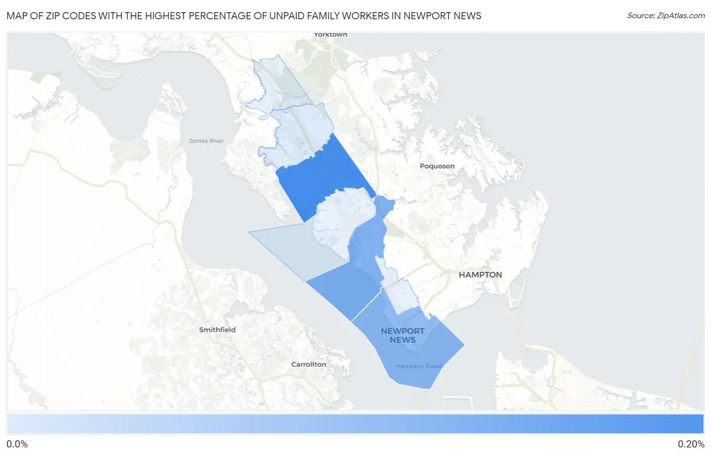 Zip Codes with the Highest Percentage of Unpaid Family Workers in Newport News Map