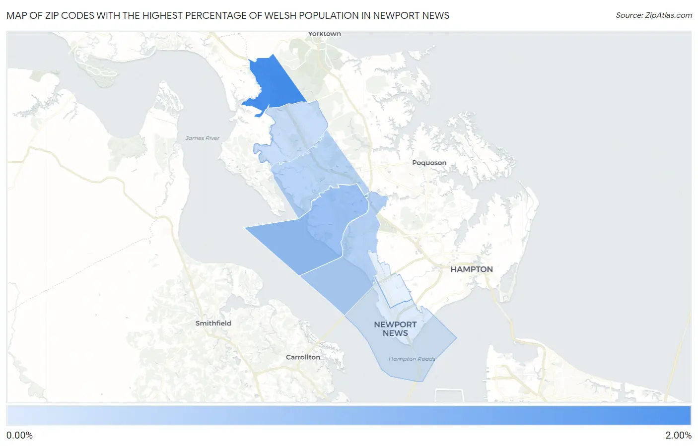 Zip Codes with the Highest Percentage of Welsh Population in Newport News Map