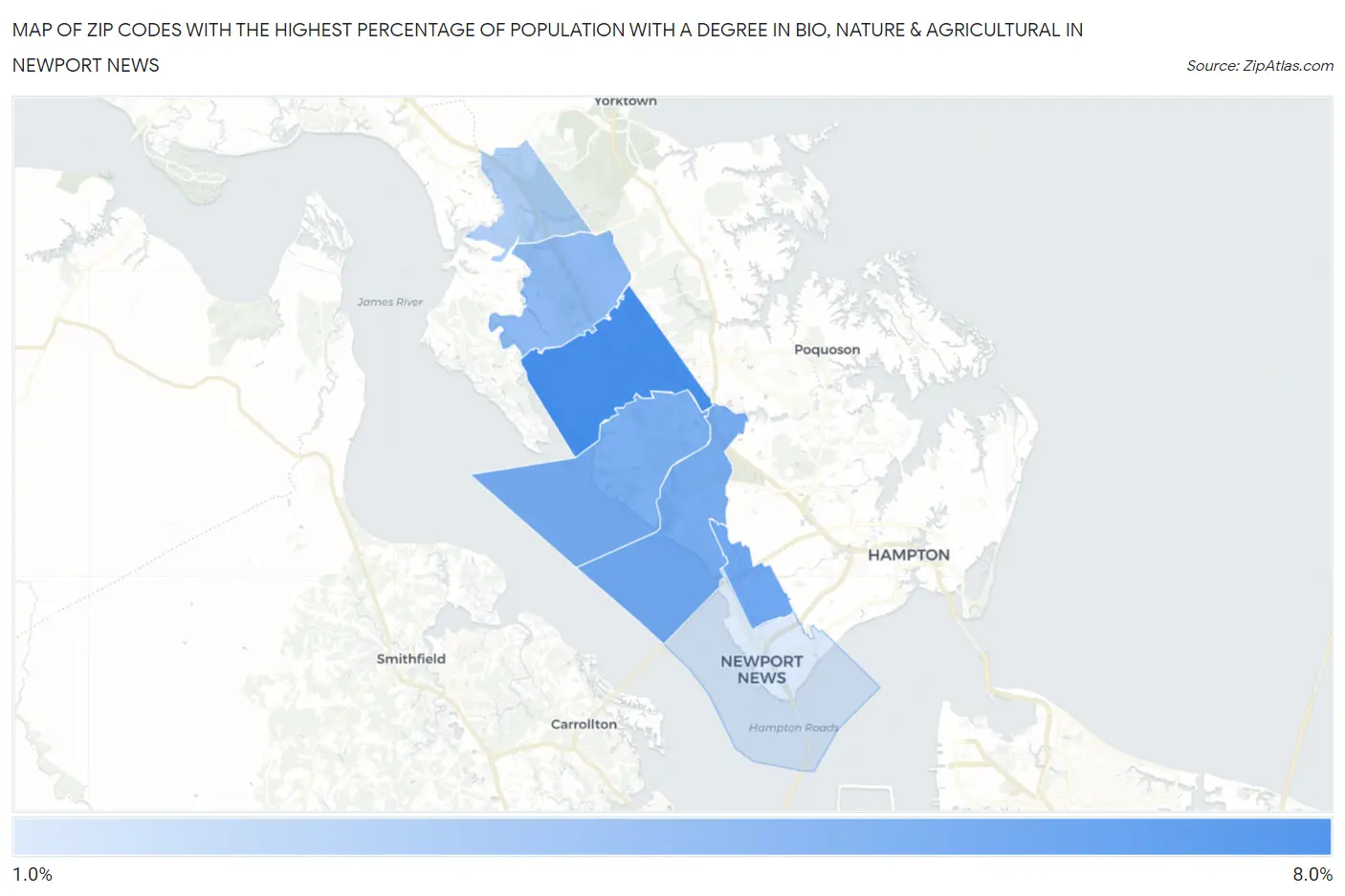 Zip Codes with the Highest Percentage of Population with a Degree in Bio, Nature & Agricultural in Newport News Map