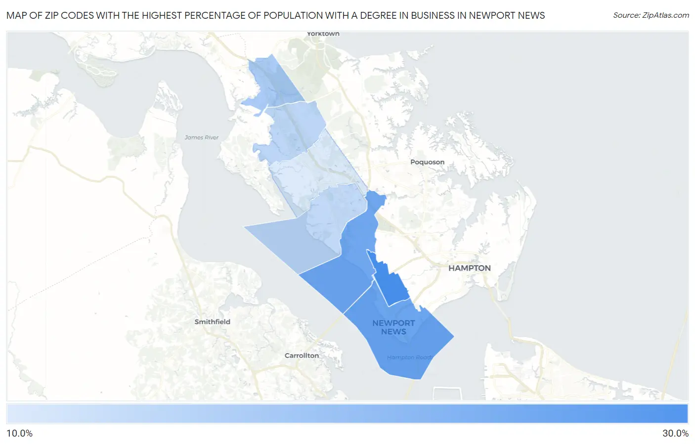 Zip Codes with the Highest Percentage of Population with a Degree in Business in Newport News Map