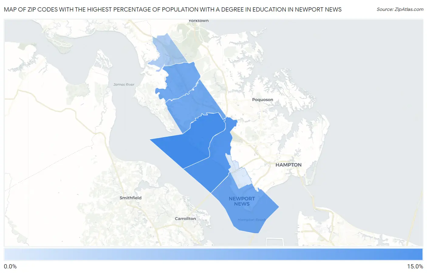 Zip Codes with the Highest Percentage of Population with a Degree in Education in Newport News Map