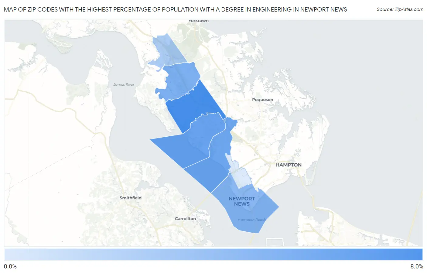 Zip Codes with the Highest Percentage of Population with a Degree in Engineering in Newport News Map