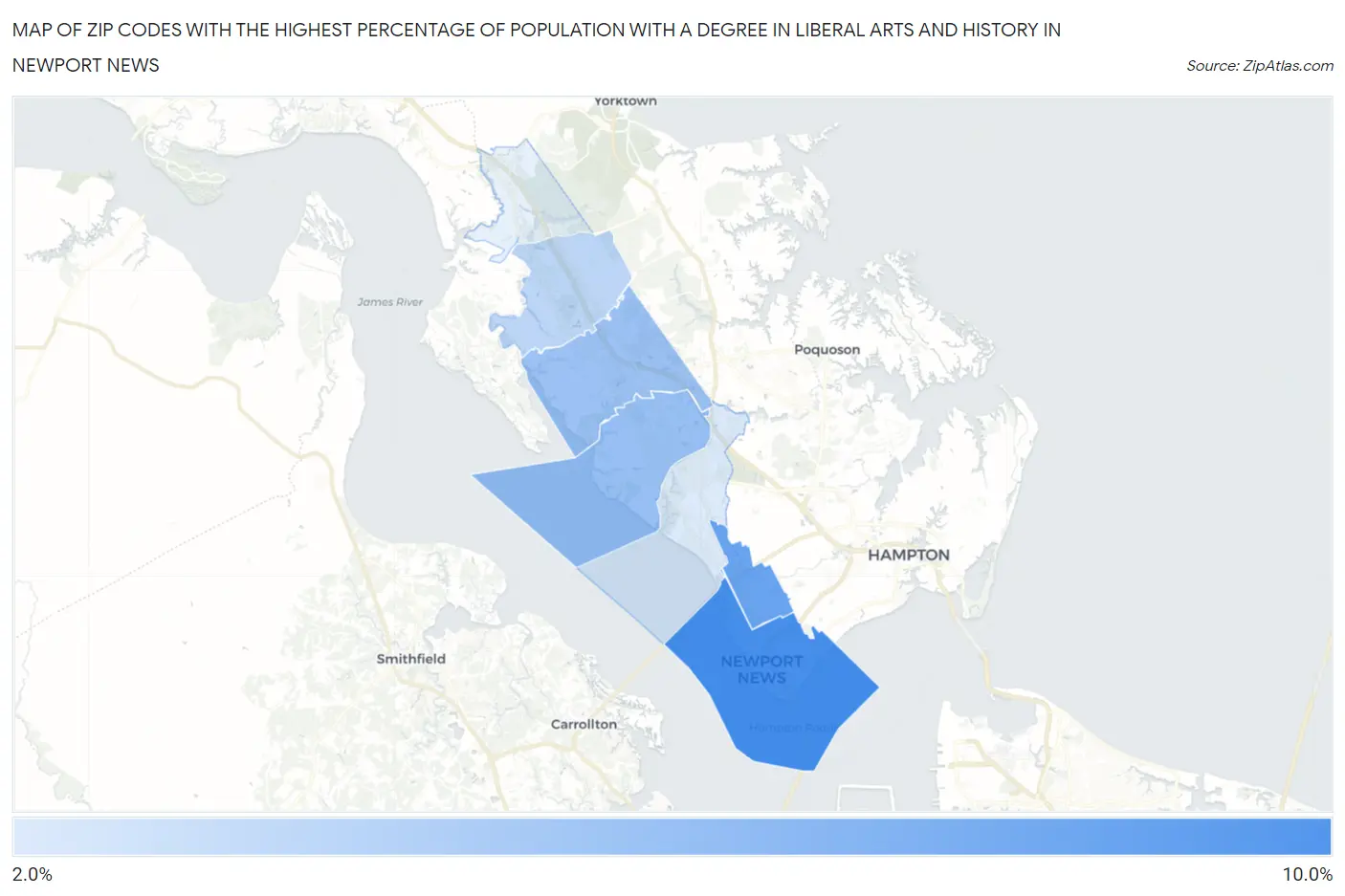 Zip Codes with the Highest Percentage of Population with a Degree in Liberal Arts and History in Newport News Map