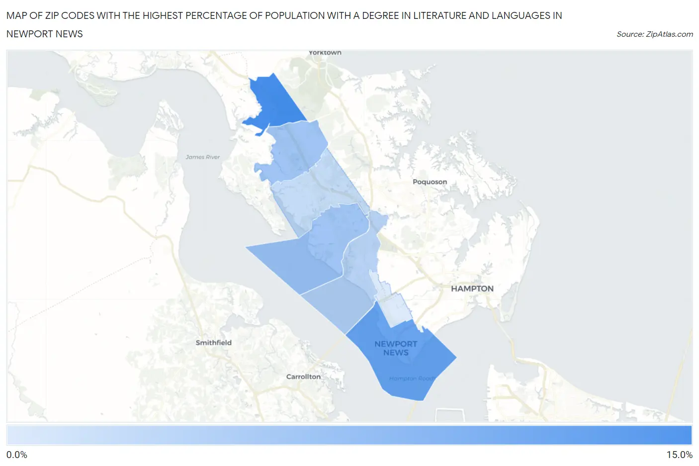 Zip Codes with the Highest Percentage of Population with a Degree in Literature and Languages in Newport News Map