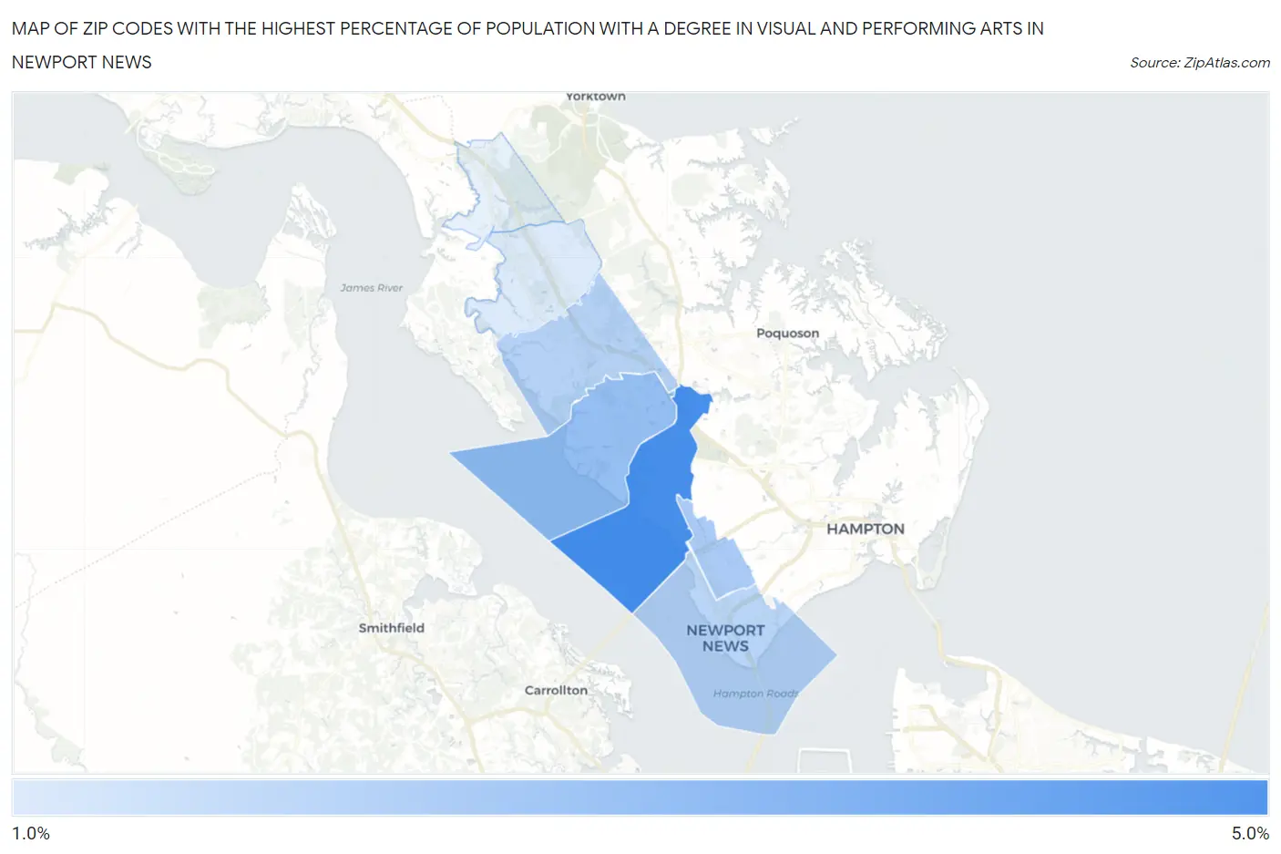 Zip Codes with the Highest Percentage of Population with a Degree in Visual and Performing Arts in Newport News Map