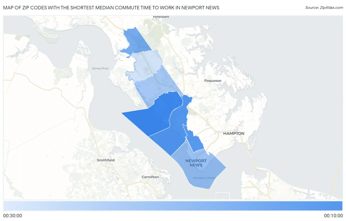 Zip Codes with the Shortest Median Commute Time to Work in Newport News Map