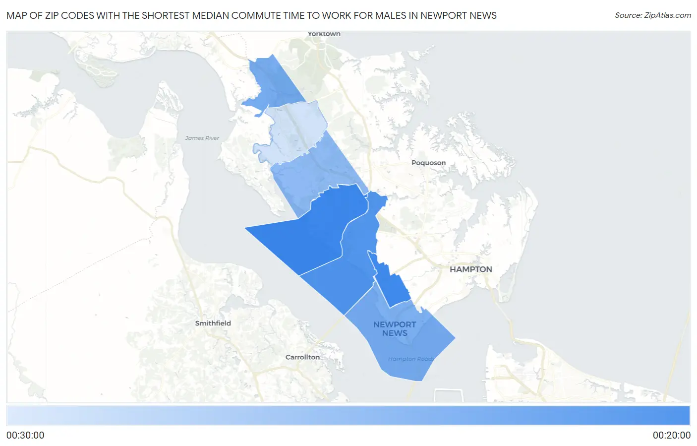 Zip Codes with the Shortest Median Commute Time to Work for Males in Newport News Map