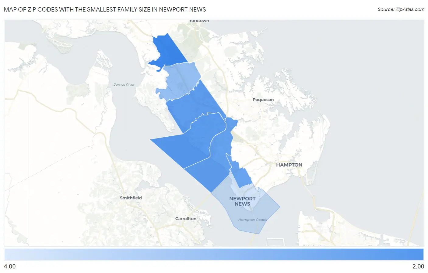 Zip Codes with the Smallest Family Size in Newport News Map