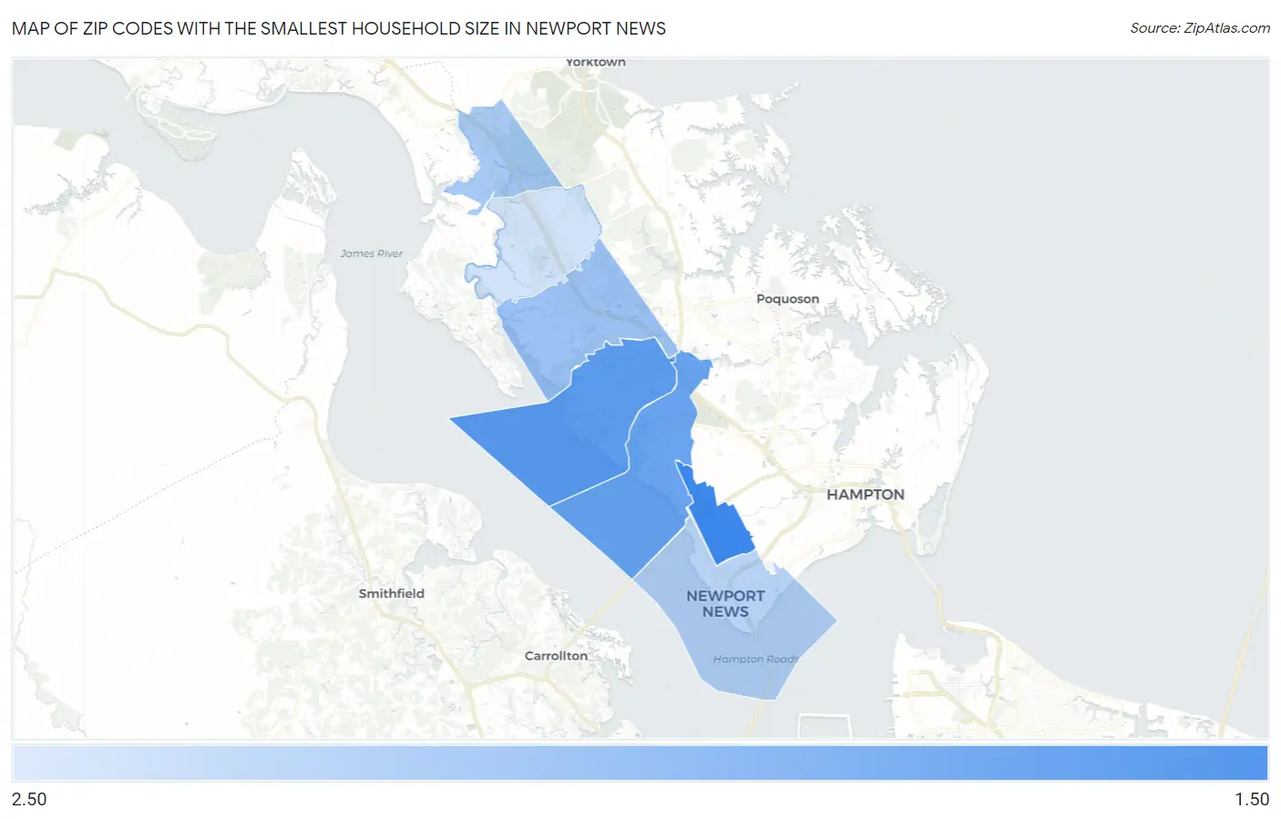Zip Codes with the Smallest Household Size in Newport News Map