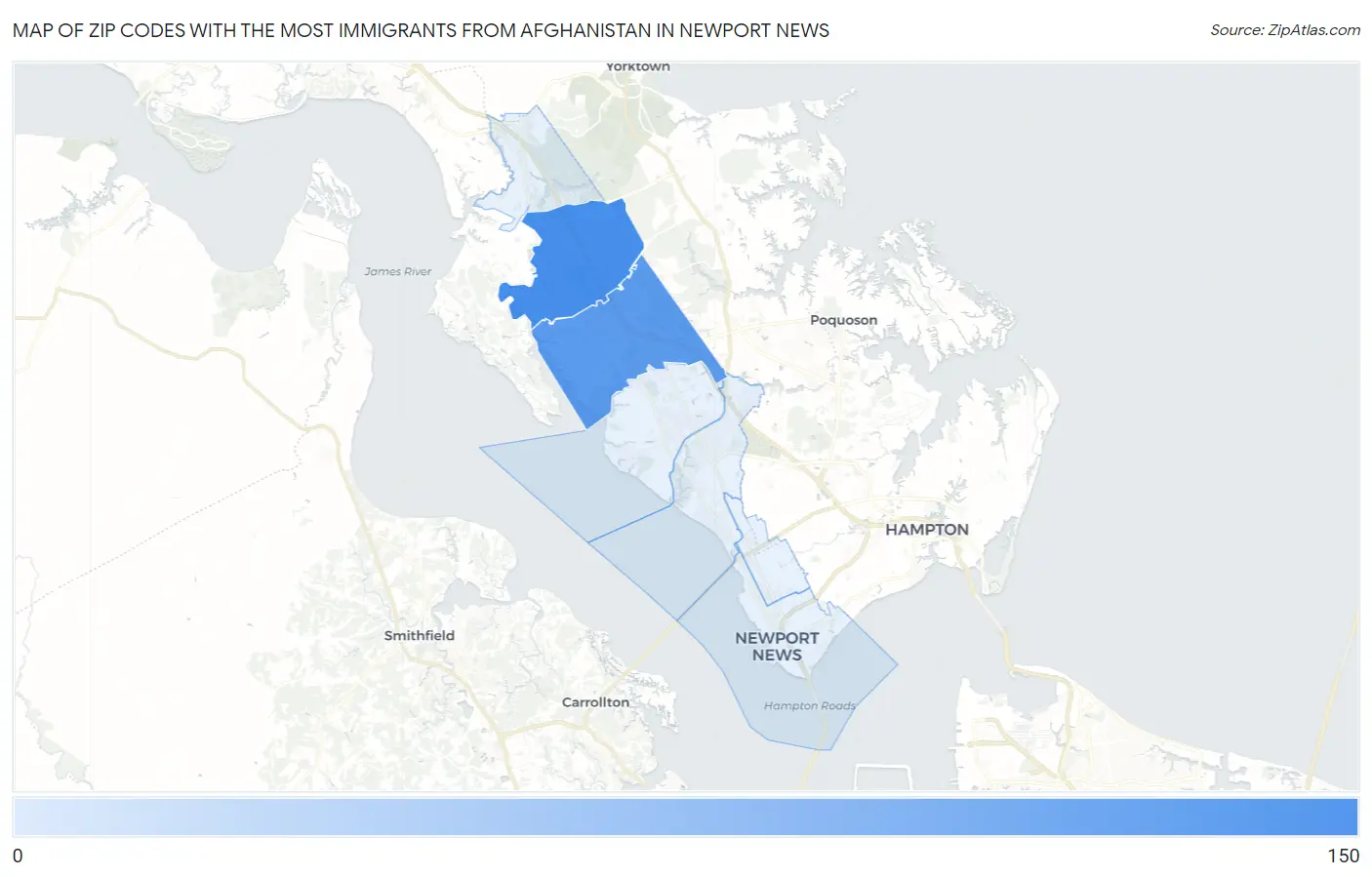 Zip Codes with the Most Immigrants from Afghanistan in Newport News Map