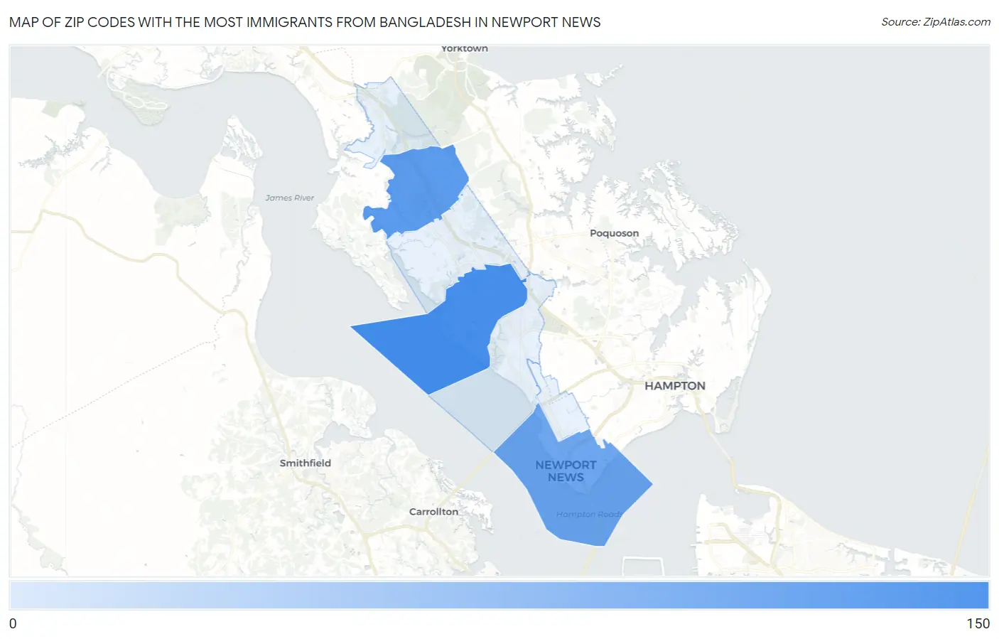 Zip Codes with the Most Immigrants from Bangladesh in Newport News Map