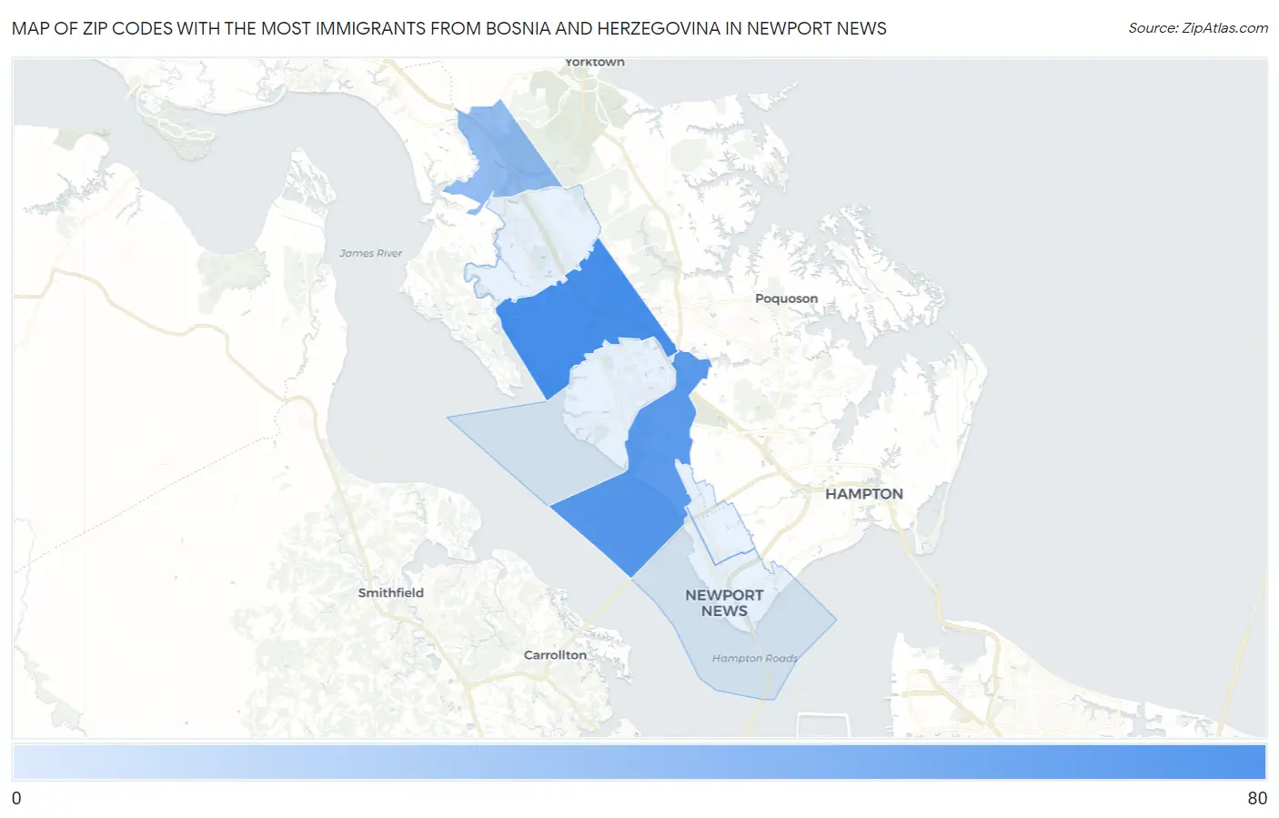 Zip Codes with the Most Immigrants from Bosnia and Herzegovina in Newport News Map