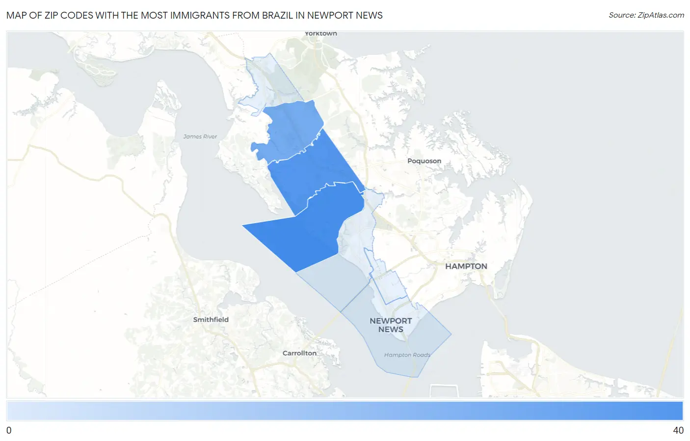 Zip Codes with the Most Immigrants from Brazil in Newport News Map