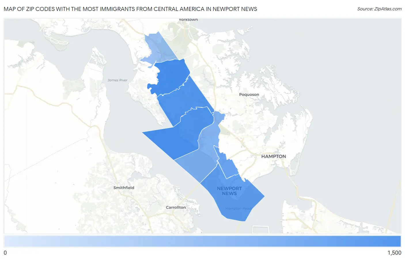 Zip Codes with the Most Immigrants from Central America in Newport News Map