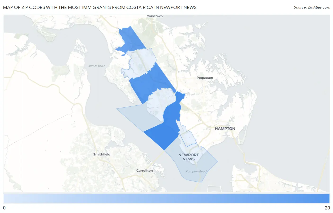 Zip Codes with the Most Immigrants from Costa Rica in Newport News Map