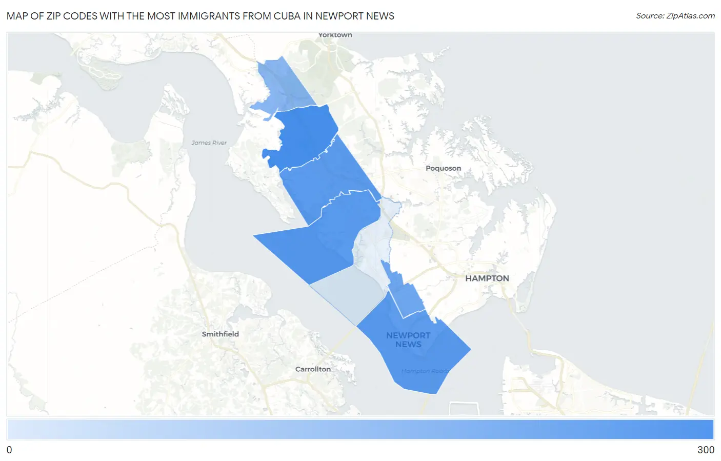 Zip Codes with the Most Immigrants from Cuba in Newport News Map