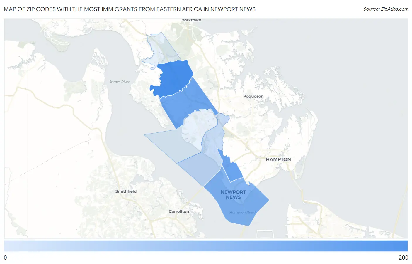 Zip Codes with the Most Immigrants from Eastern Africa in Newport News Map