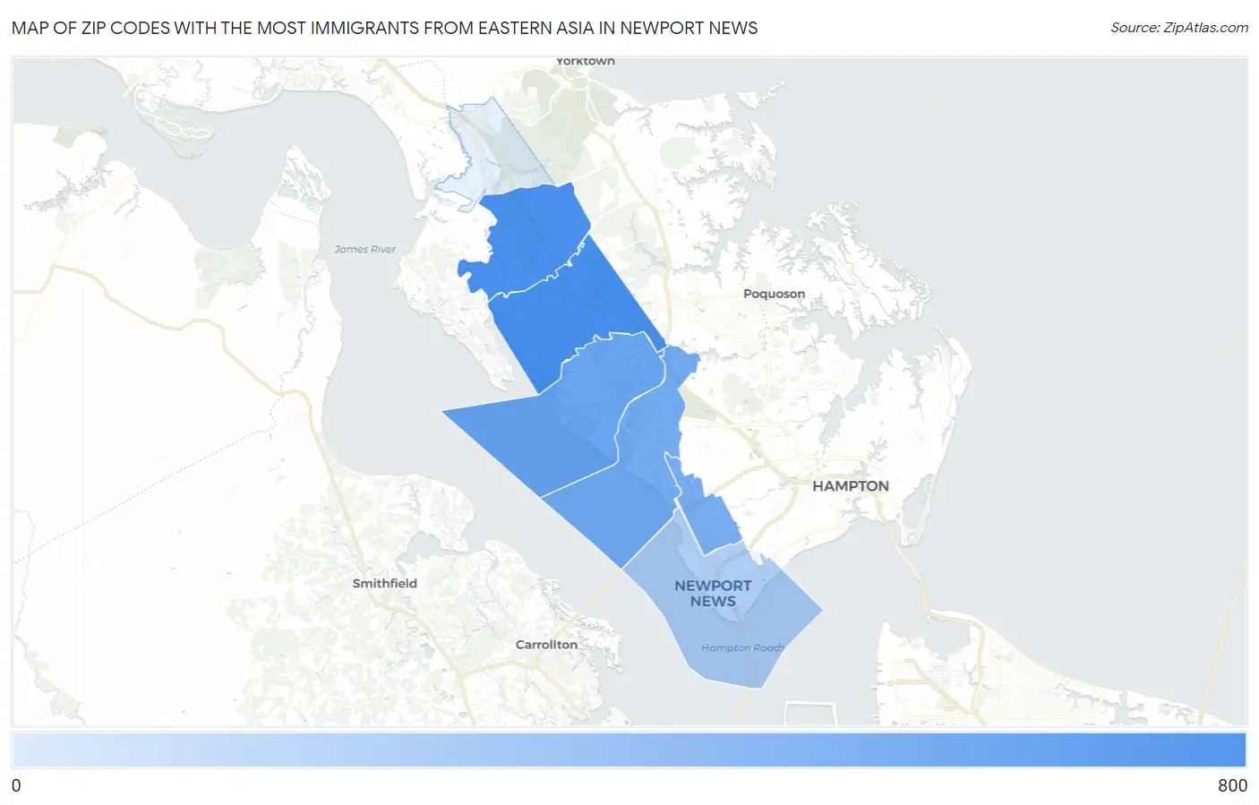 Zip Codes with the Most Immigrants from Eastern Asia in Newport News Map