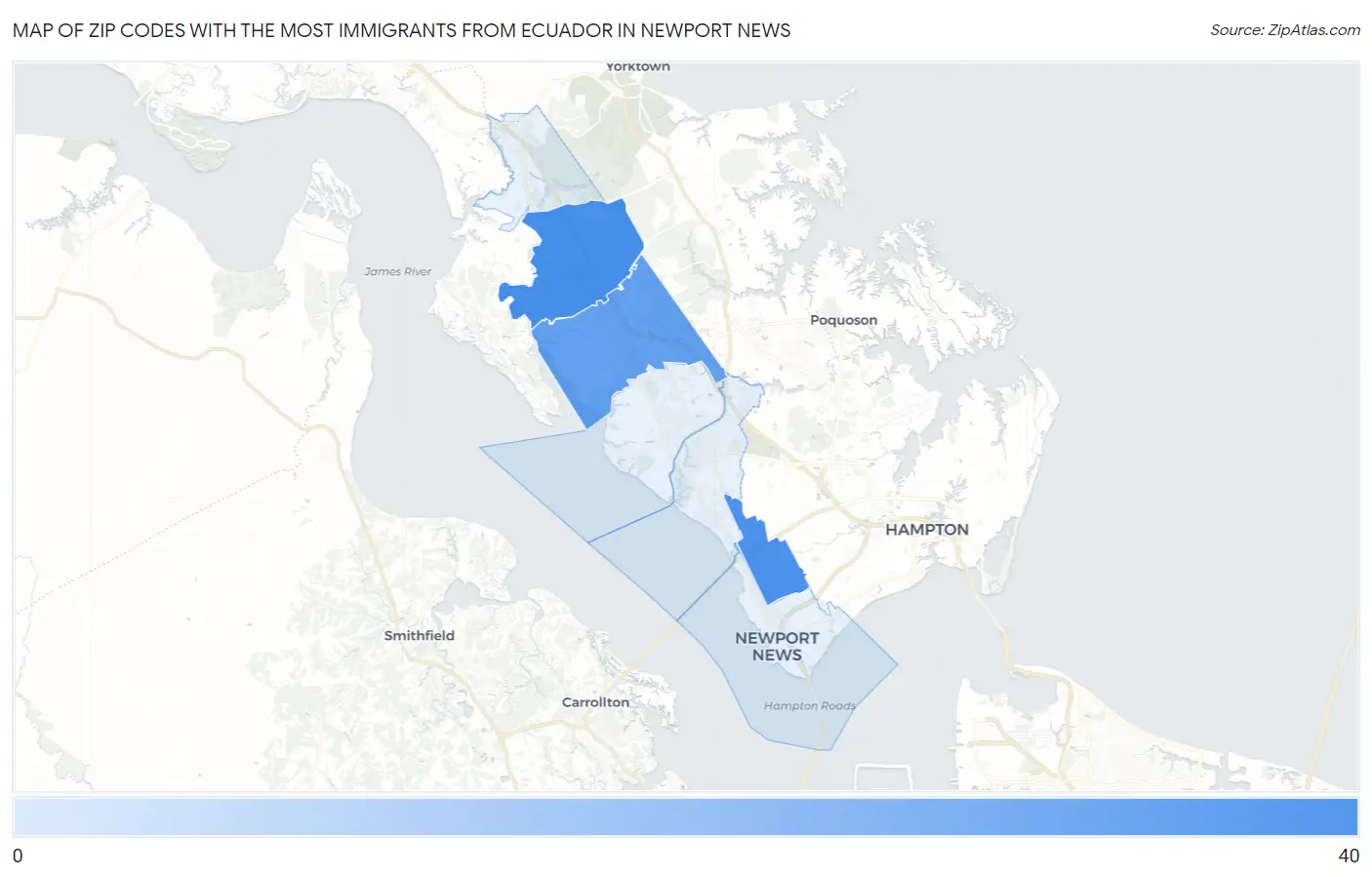Zip Codes with the Most Immigrants from Ecuador in Newport News Map