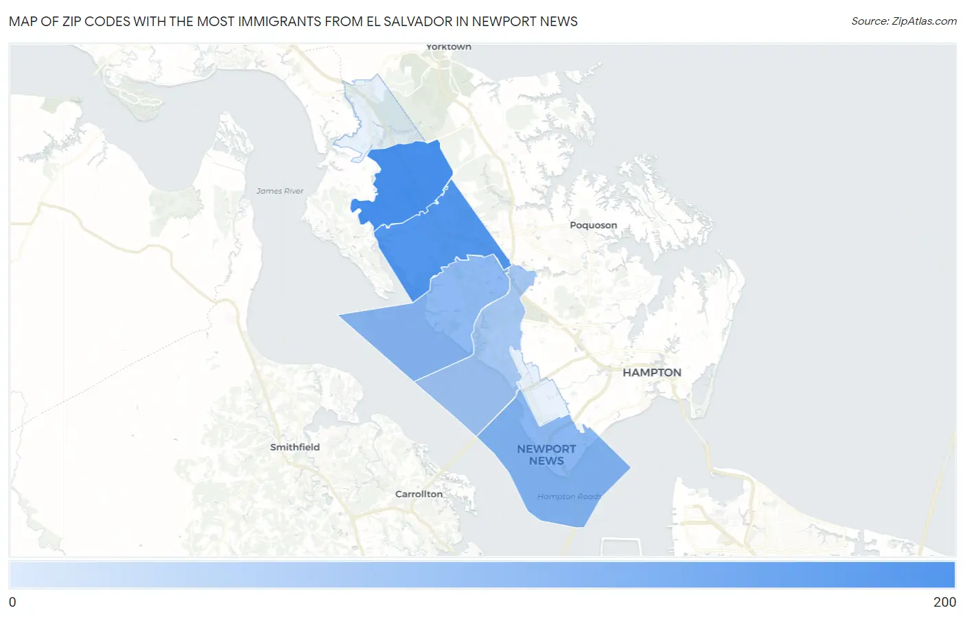 Zip Codes with the Most Immigrants from El Salvador in Newport News Map
