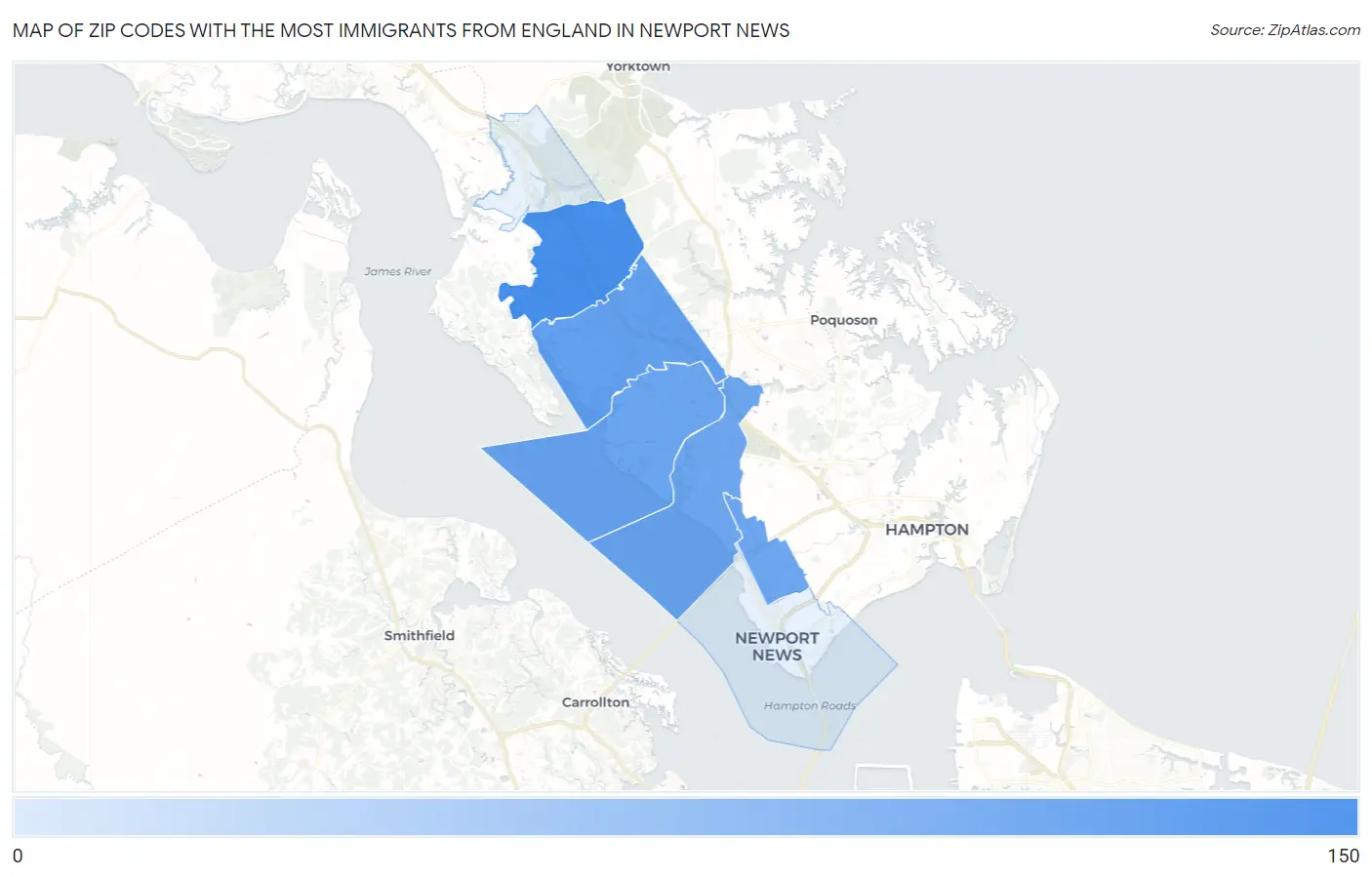 Zip Codes with the Most Immigrants from England in Newport News Map