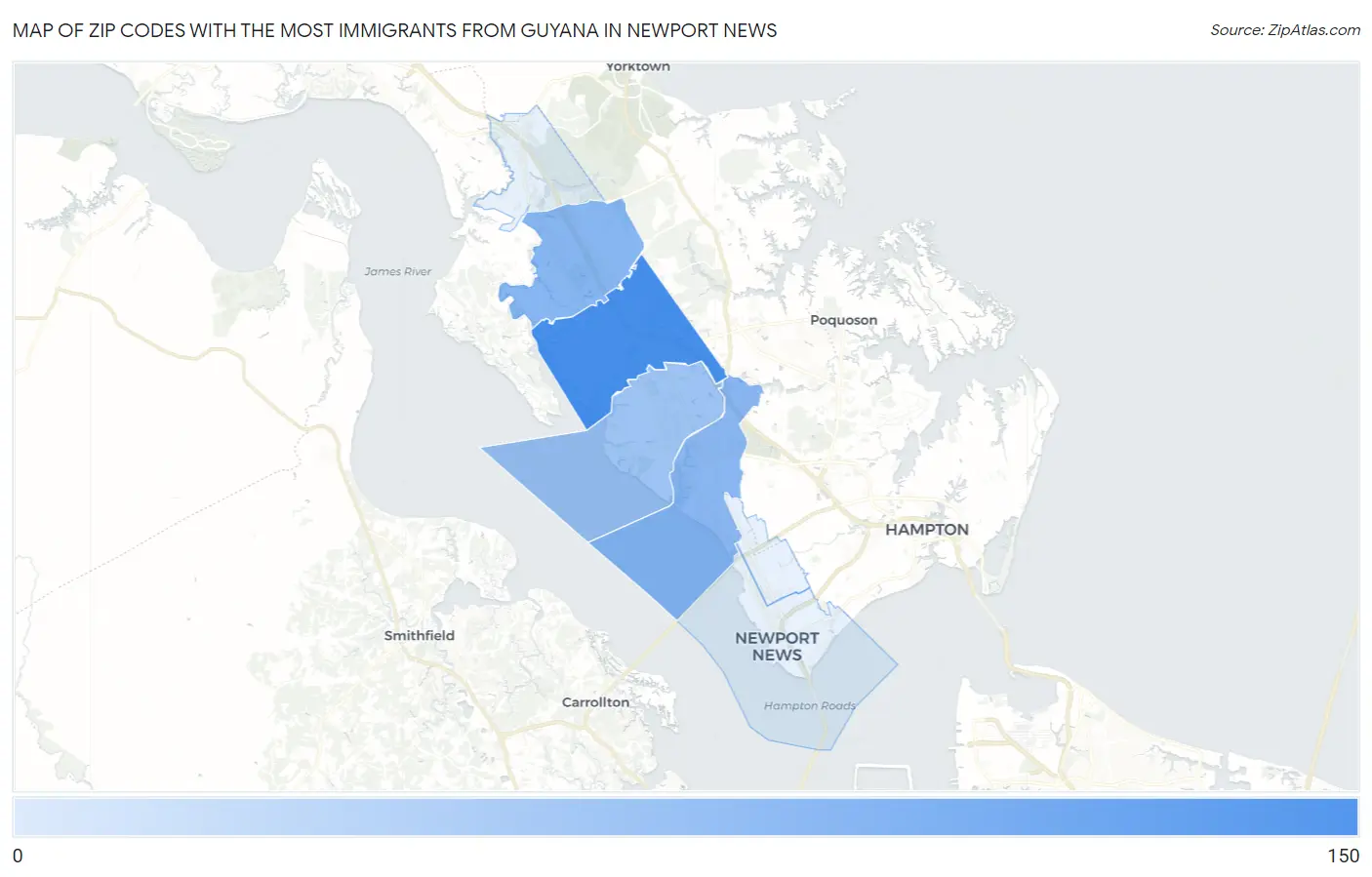 Zip Codes with the Most Immigrants from Guyana in Newport News Map