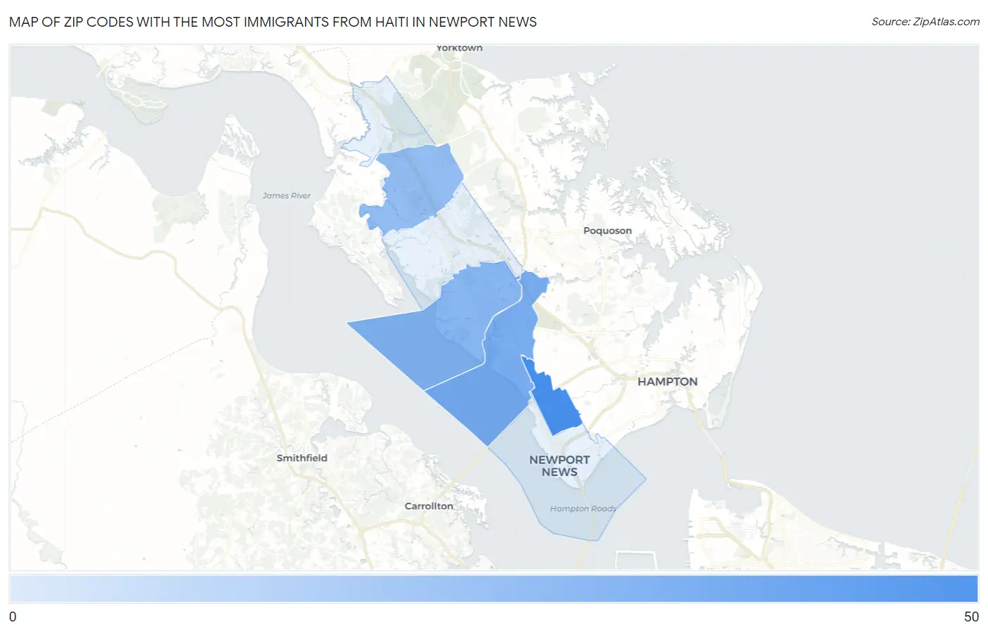 Zip Codes with the Most Immigrants from Haiti in Newport News Map