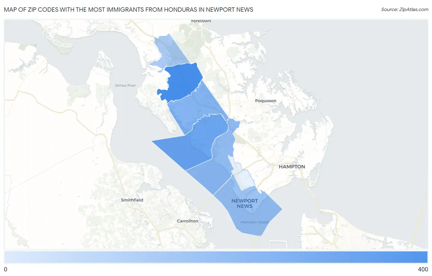 Zip Codes with the Most Immigrants from Honduras in Newport News Map