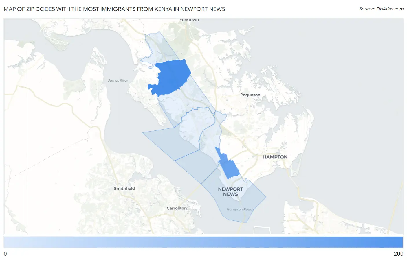 Zip Codes with the Most Immigrants from Kenya in Newport News Map