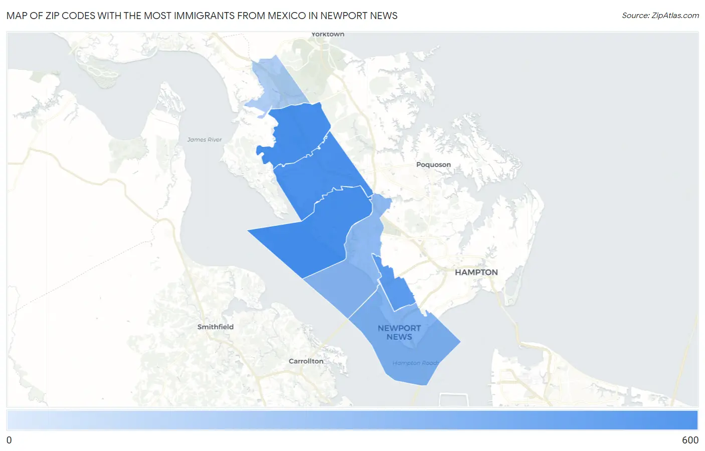 Zip Codes with the Most Immigrants from Mexico in Newport News Map