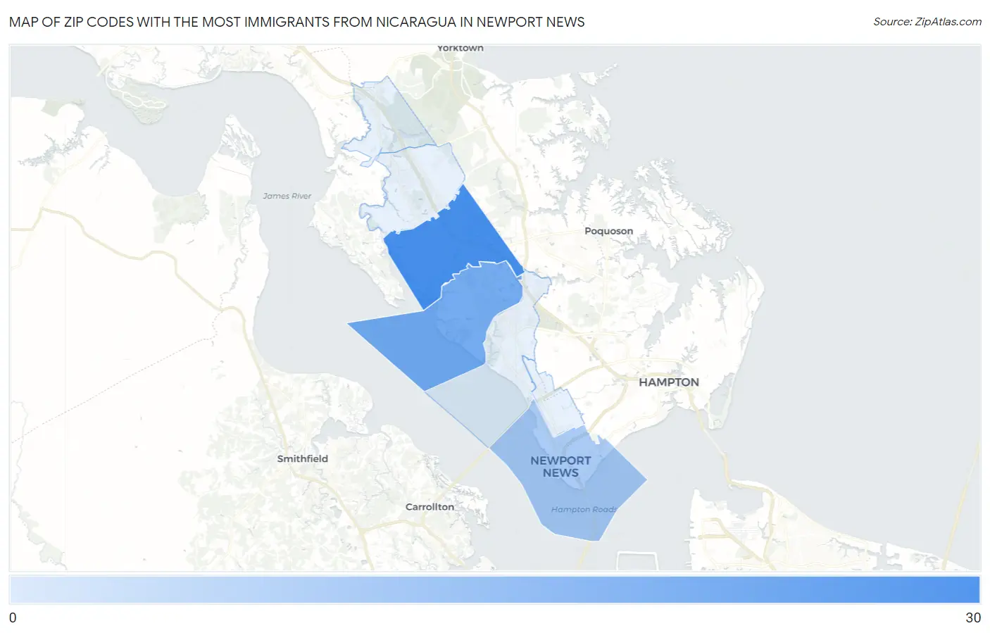 Zip Codes with the Most Immigrants from Nicaragua in Newport News Map