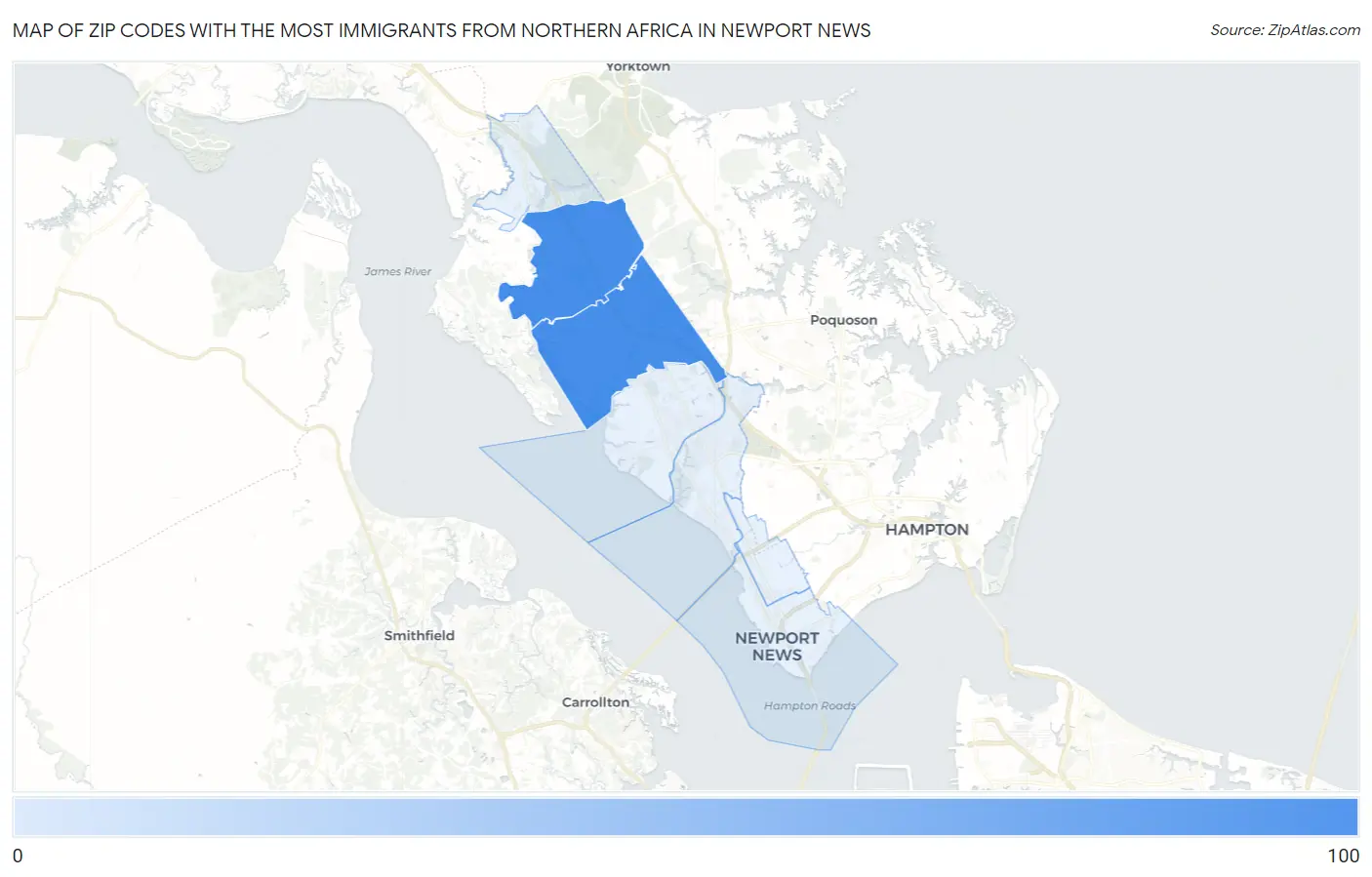 Zip Codes with the Most Immigrants from Northern Africa in Newport News Map